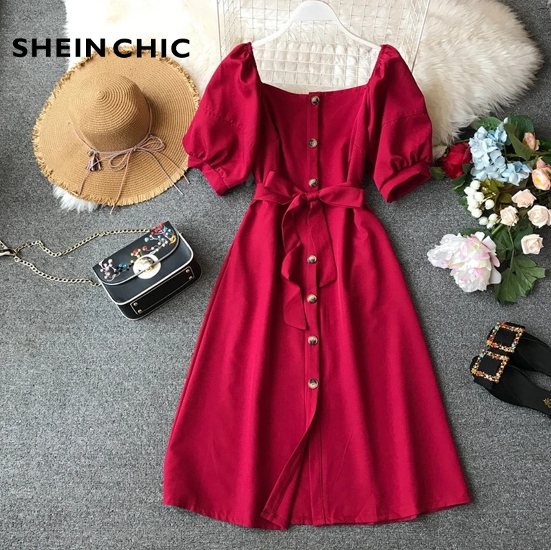 

Vintage Lantern Sleeve Single-breasted Midi Party Dress 2019 Women Casual Knee-Length Chiffon Dress Ladies Office Dress