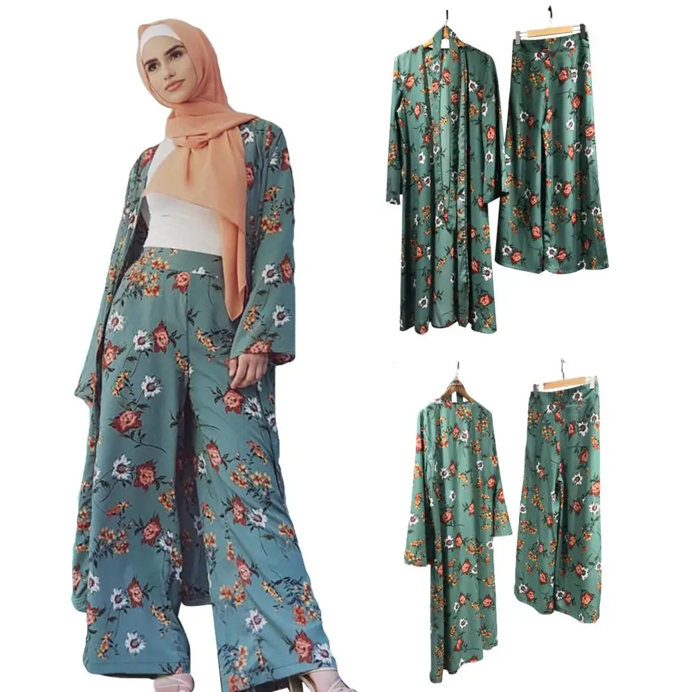 

2PCS Summer Cool Flower Printed Muslim Suits Sets With Belt Female Dubai Fashion Mall Muslim Tops + Long Pants Islamic Clothing