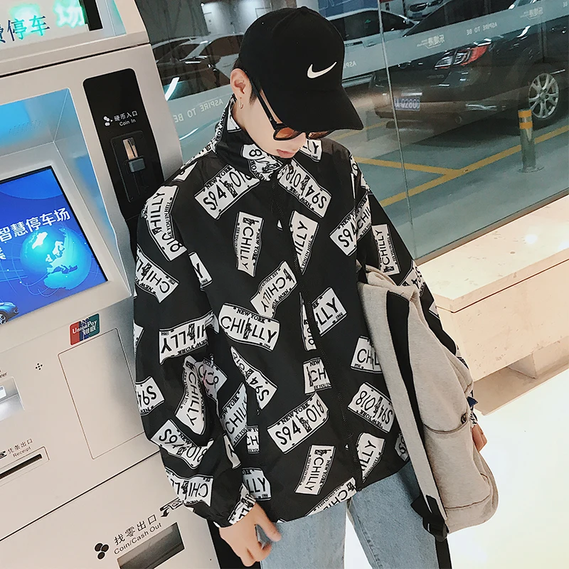 

2019 Summer Casual Pattern Printing Thin Stand Collar Loose Men Jacket Youth Cotton Coat Male Sunscreen Clothes Large Size M-5XL