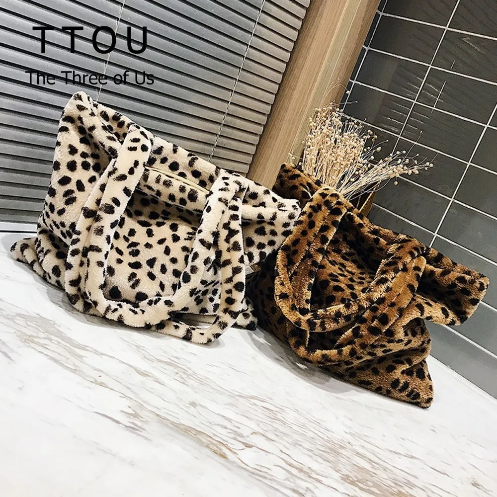 

TTOU Winter Soft Faux Fur Bag Women Large Tote Bag Warm Plush Handbag Luxury Ladies leopard Pattern Shoulder Bag Sac