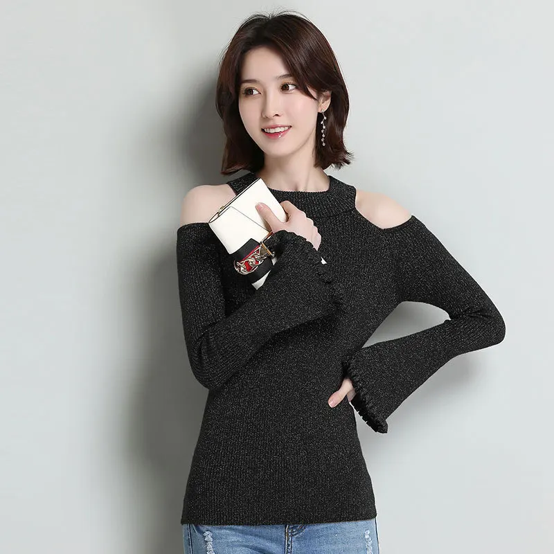 2018 autumn Korean version of the slim sweater women's head fashion hollow open shoulder ruffled shirt trumpet sleeve sweater
