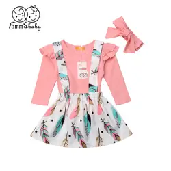 Принцессы детская одежда для девочек модный комплект для новорожденных для маленьких девочек топы с длинными рукавами футболка + подтяжки