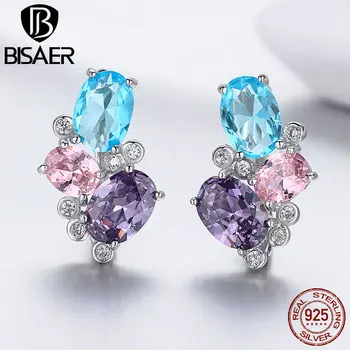 

BISAER 100%Real 925 Sterling Silver Unique Colorful Zircon Stud Earring For Jewelry Making Women Jewelry Party Wedding HSE579