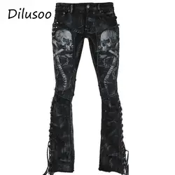Dilusoo в стиле панк джинсы для женщин брюки девочек для скелет голова печати расклешенные джинсы повязки черный ковбой заклепки