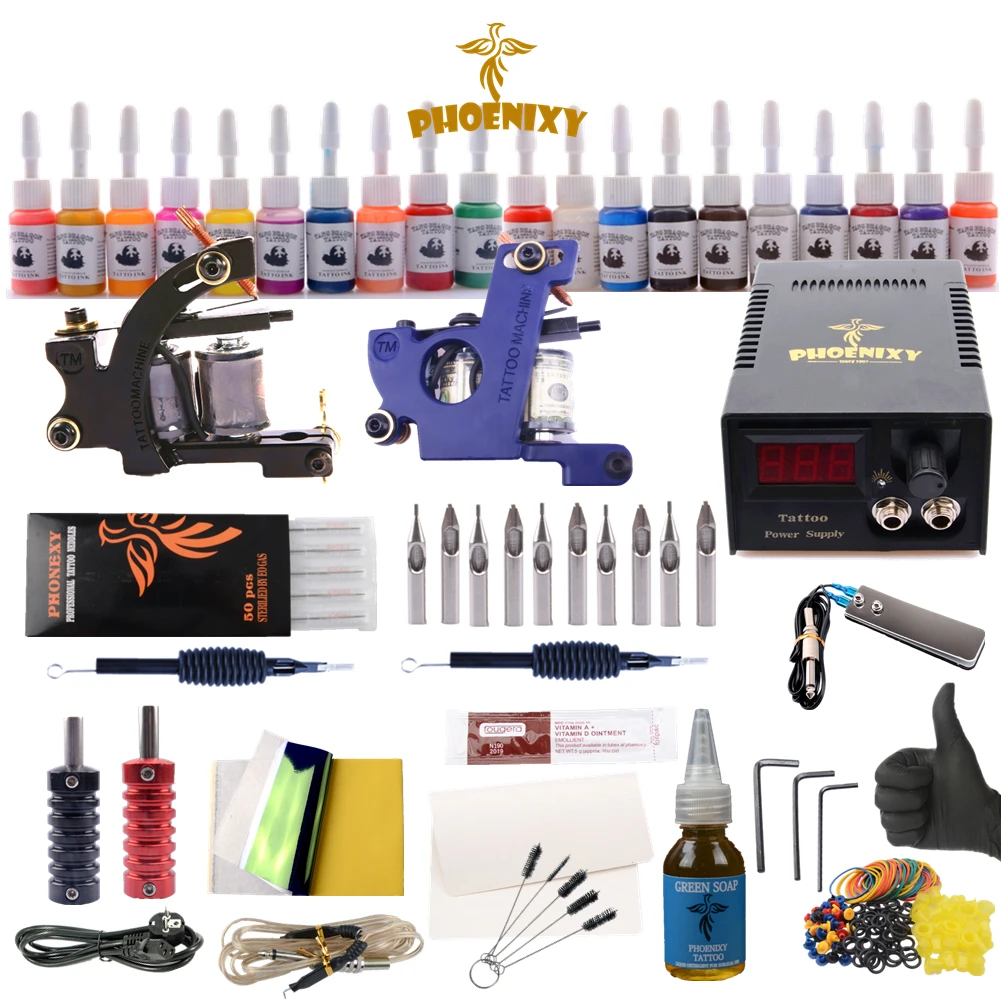 Complete Tattoo Kit 2 Tattoo Machines Gun Black Ink Set Power Supply