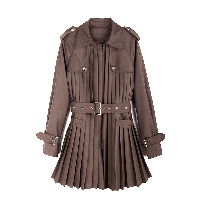 [EWQ] весеннее Новое Стильное однобортное винтажное Плиссированное Женское пальто с длинными рукавами и отворотами AD640