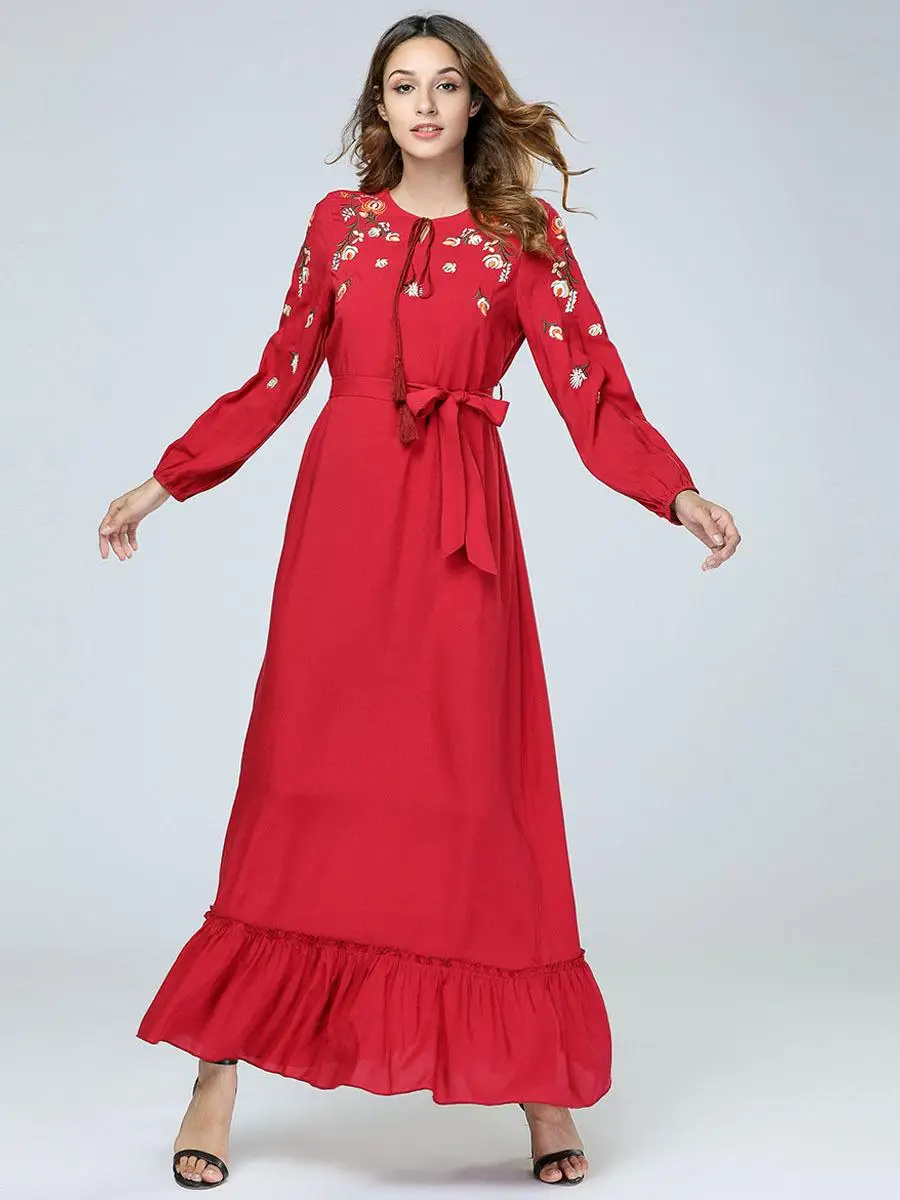 Женское платье Abaya с завязками Драпированное мусульманское ОАЭ Дубаи вышивкой
