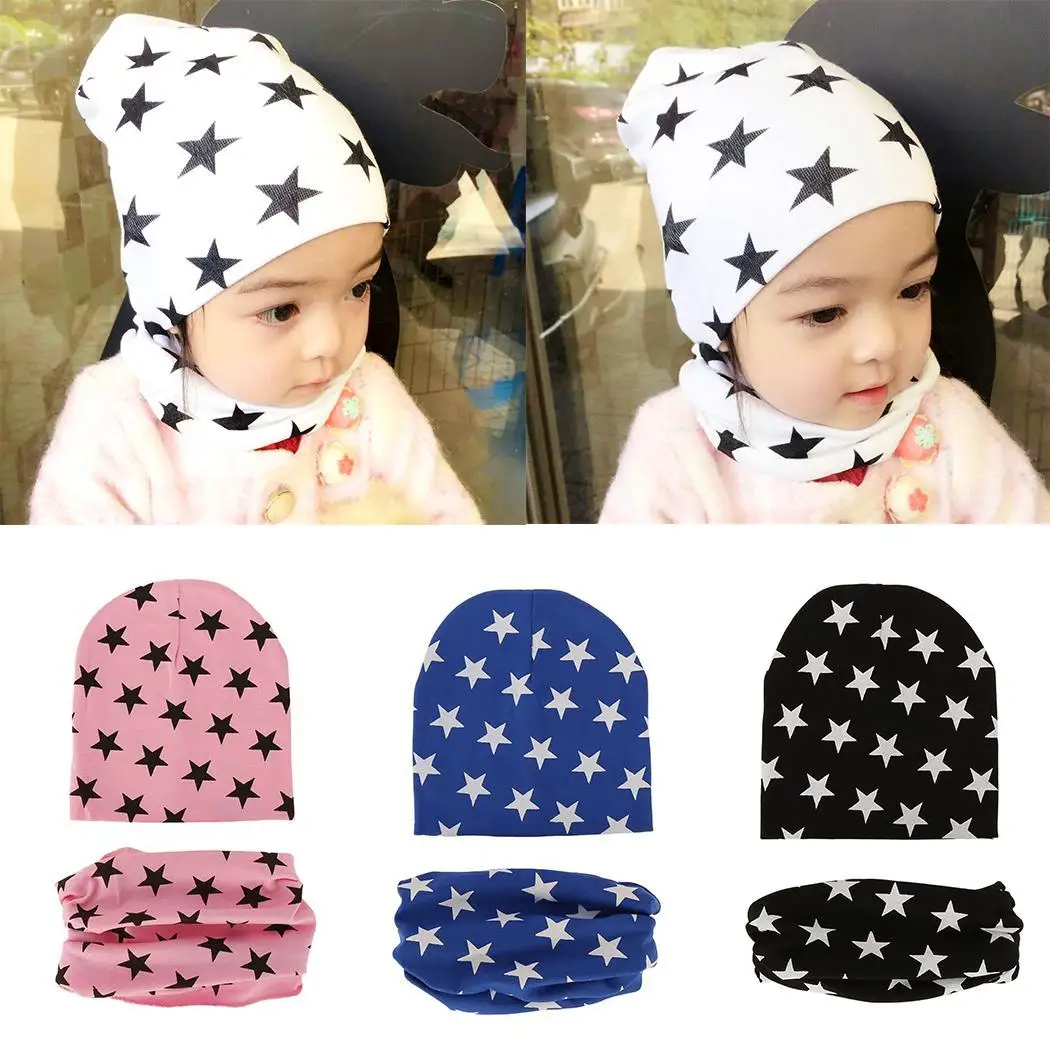 

Kids Five-pointed Star Printed Winter Hat Beanie Cap Neckerchief 2 Pieces Set of and Home Outdoor TravelUnisex Baby