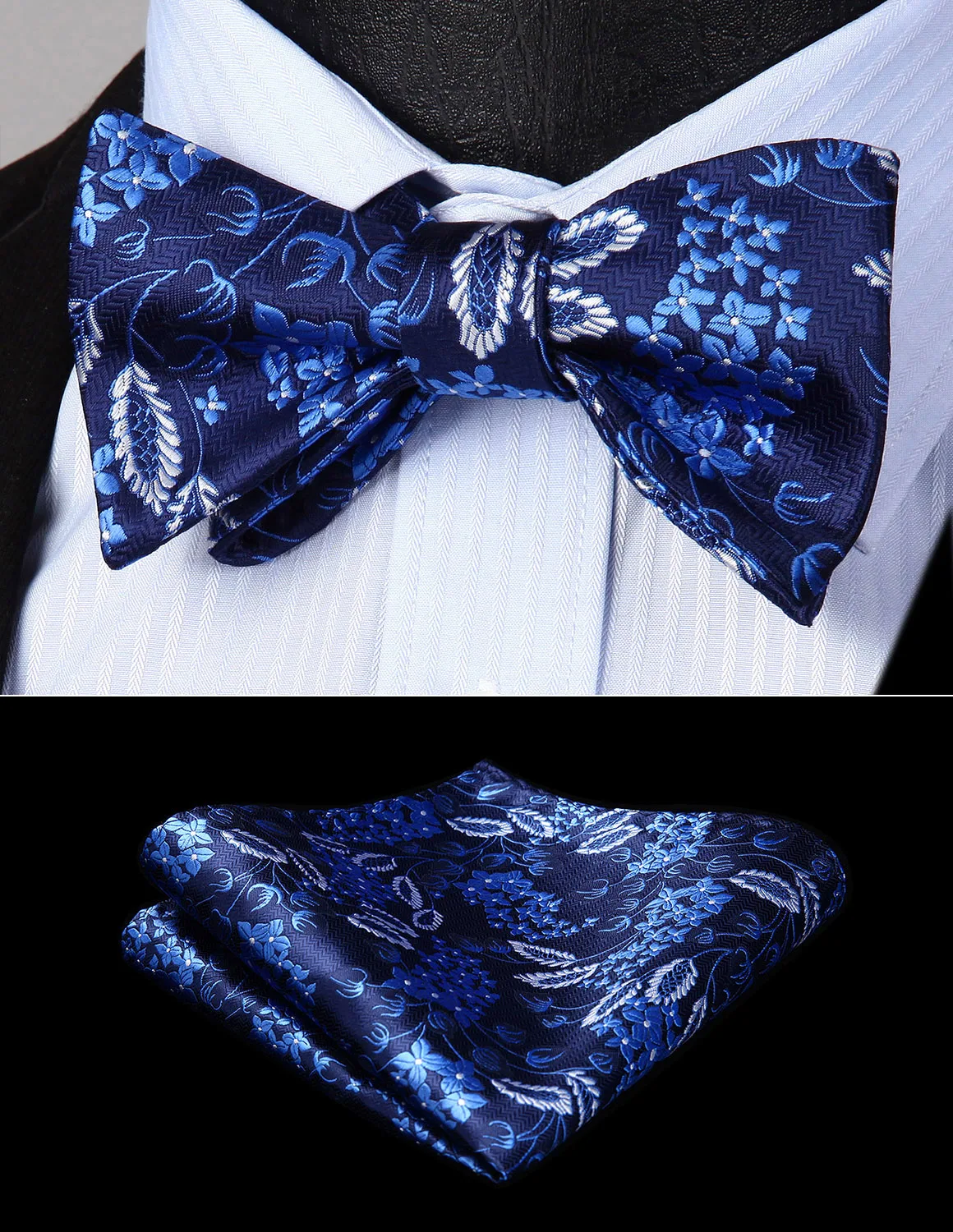 Self Bow Tie Pocket Square Set Navy Blue Mens Classic Floral Woven Silk Party Wedding Bow Tie