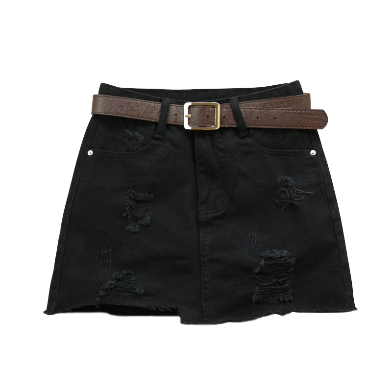 

Summer Women Denim Skirt Pockets Sexy Black High Waist Jeans Skirts A-line Casual Ripped Hole Female Mini Saia Mujer