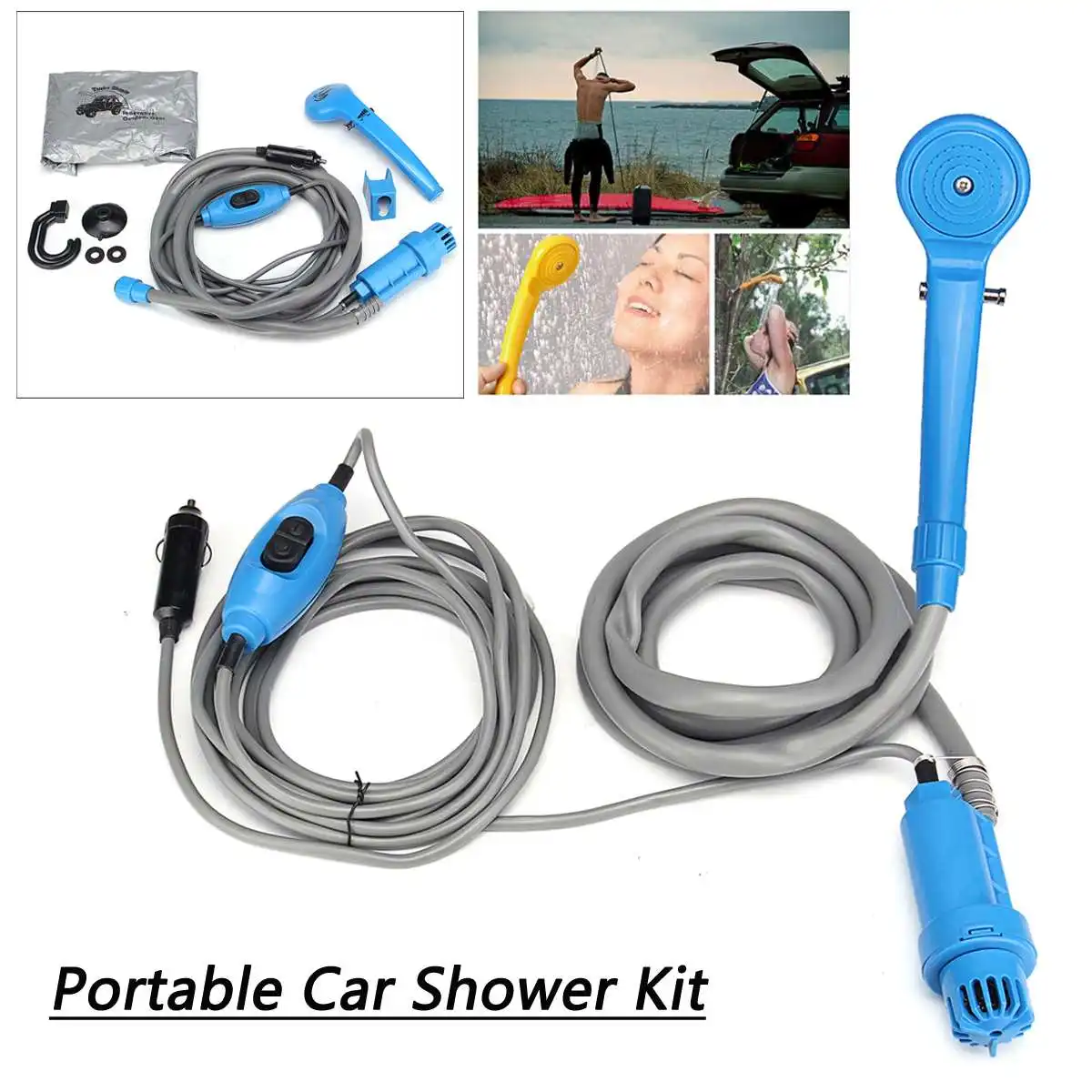 

12v Travel Portable Camping shower with cable pump hose shower head on/off switch Shower Spray Head Pet Caravan Car