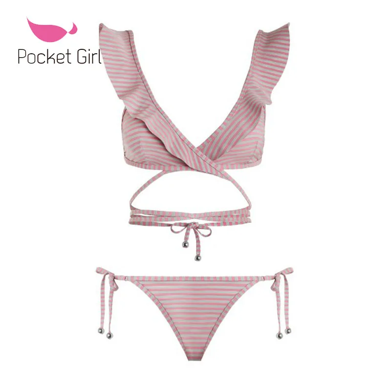 

Pocket Girl 2019 Women Stripe Bathing Suit Brazilian Biquini Swimwear Bikinis Set Vintage Retro Swimsuit Bandage Swimwear Female