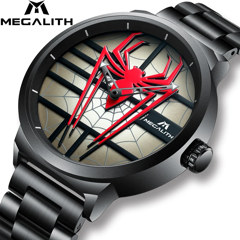 

MEGALITH Personality Red Spider Watch For Men Casual Waterproof Sport Quartz Wrist Watch Stainless Steel Strap Analogue Clock