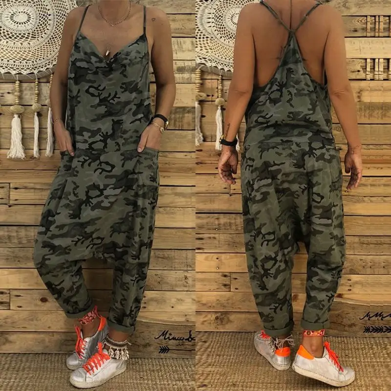 

2019 Summer Fashion Camouflage Overalls Women Sexy Strap Deep V Neck Jumpsuits Drop-Crotch Playsuit Party Long Pants Pantalon