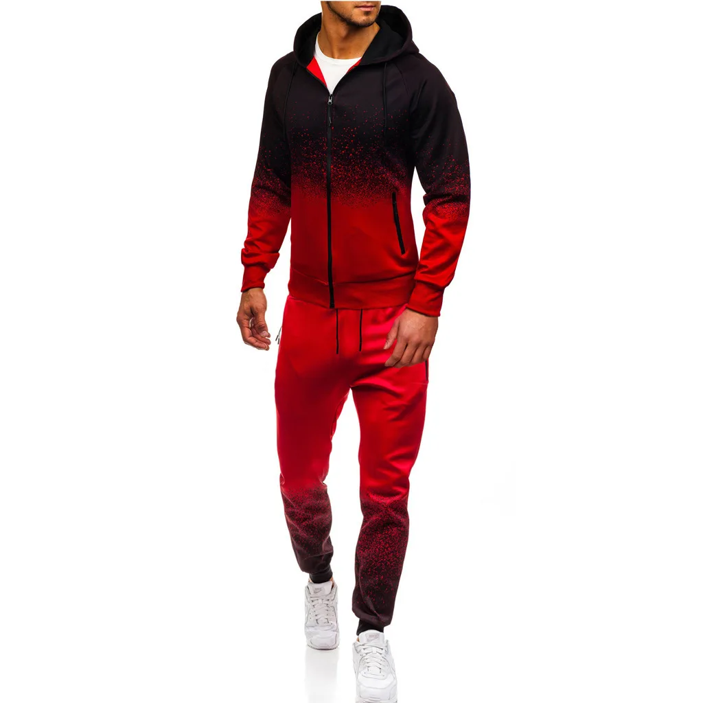 Zipper Tracksuit Men Causal Two Pieces Sets Sweatsuit Mens Gradual Change Clothes Printed Hooded Hoodies + Pants Track Suit Male