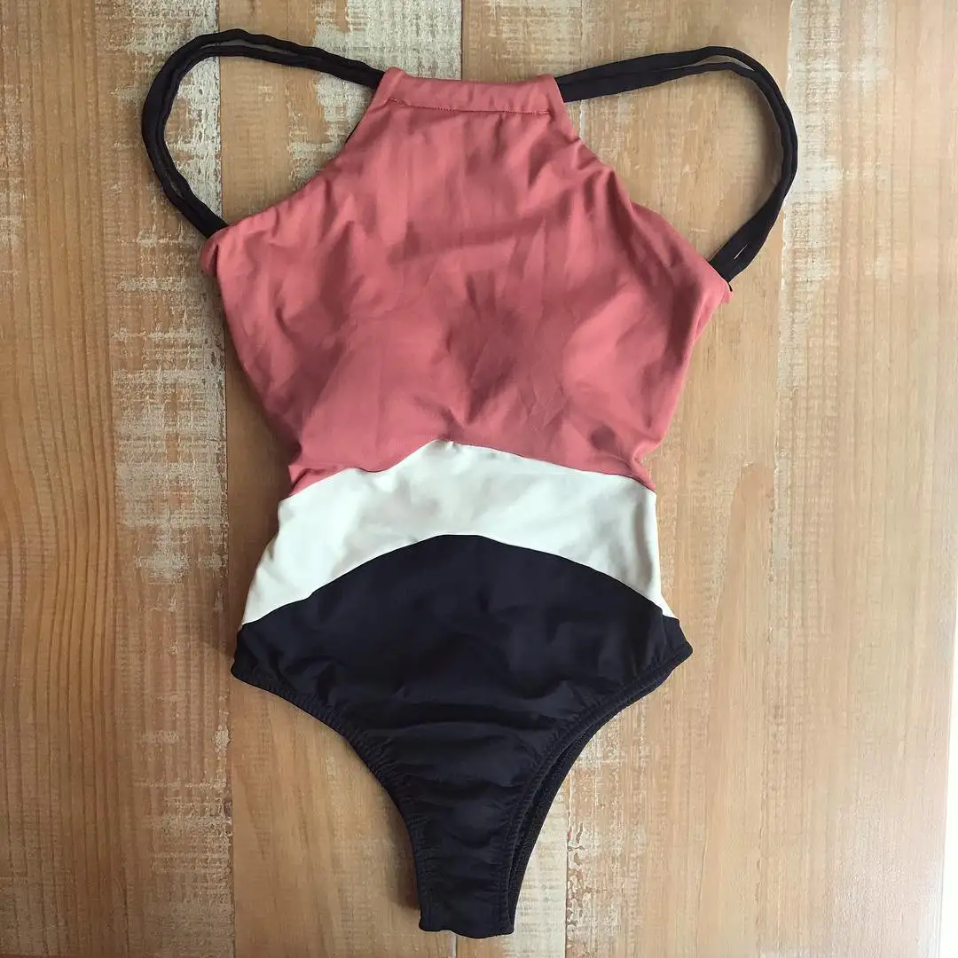 Billige 2019 Patchwork Einem Stück Badeanzug Bademode High Neck Bodysuit Badeanzug Frauen Stück Bademode Strand Tragen Monokini