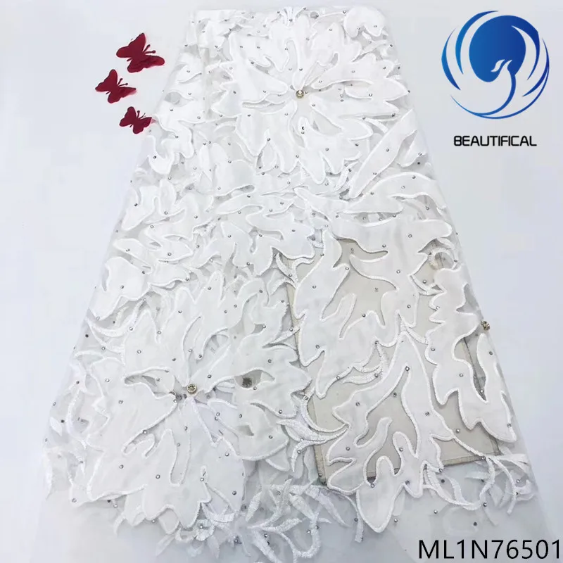 

BEAUTIFICAL white lace african fabric high quality french laces with rhinestones fabric 5 yards/lot for lady dresses ML1N765