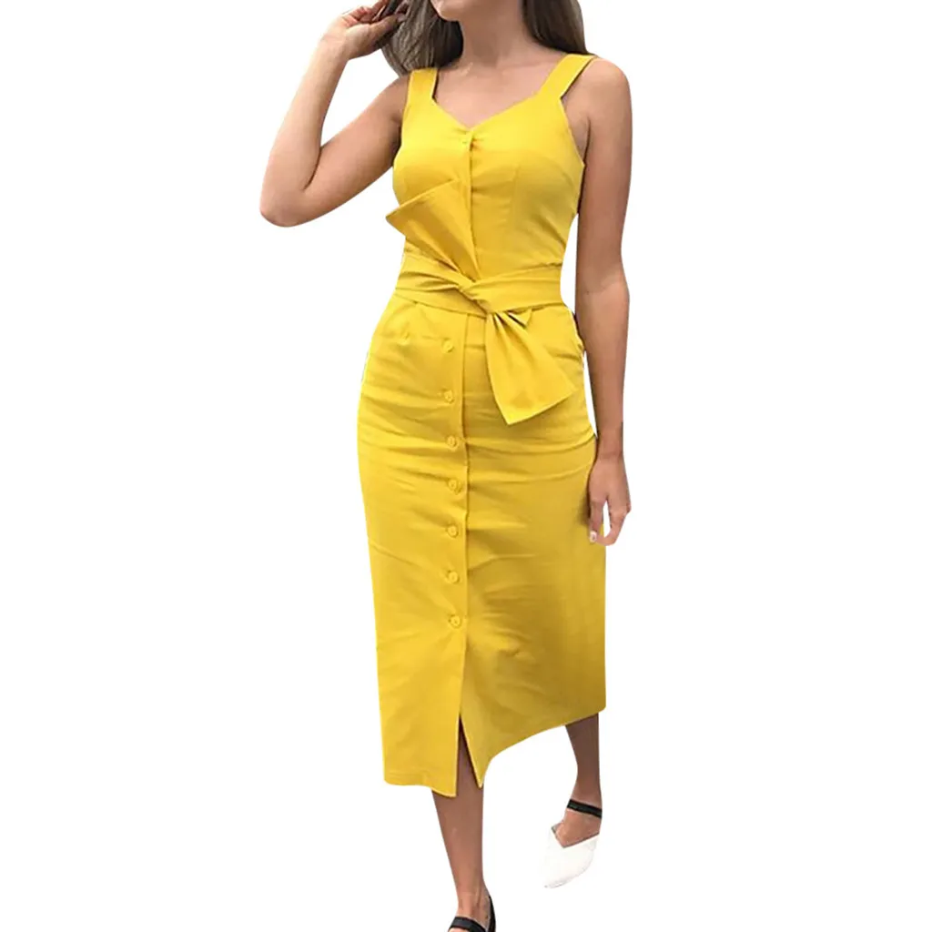 

2019 Sexy Summer Dress Women Vintage Single-Breasted Dress Tank Bohemian Sashes Beach Dress