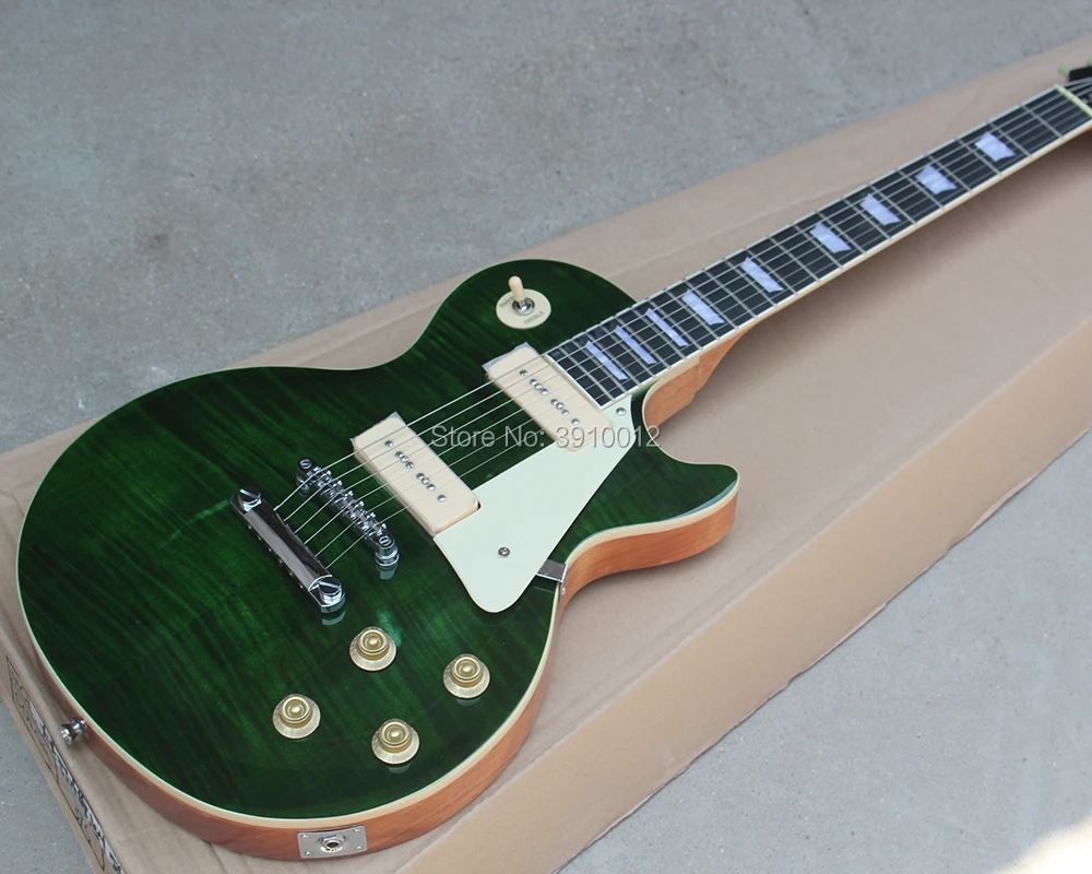 

High Quality Green Electric Guitar with Flame Maple Veneer,Cream Binding,One Piece Mahogany Body and Neck,P90 Pickups