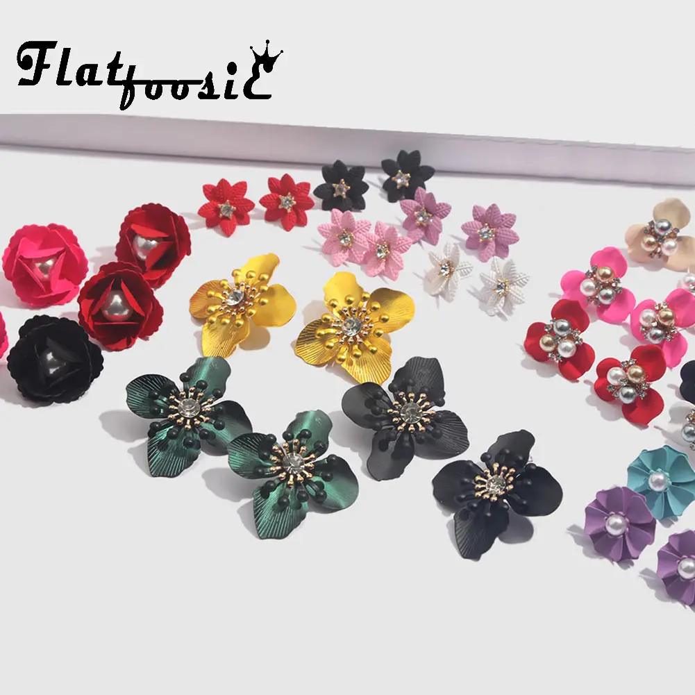 

Flatfoosie Fashion Crystal Flowers Stud Earrings For Women Elegant Simulated Pearl Wedding Statement Earring Girl Party Jewelry