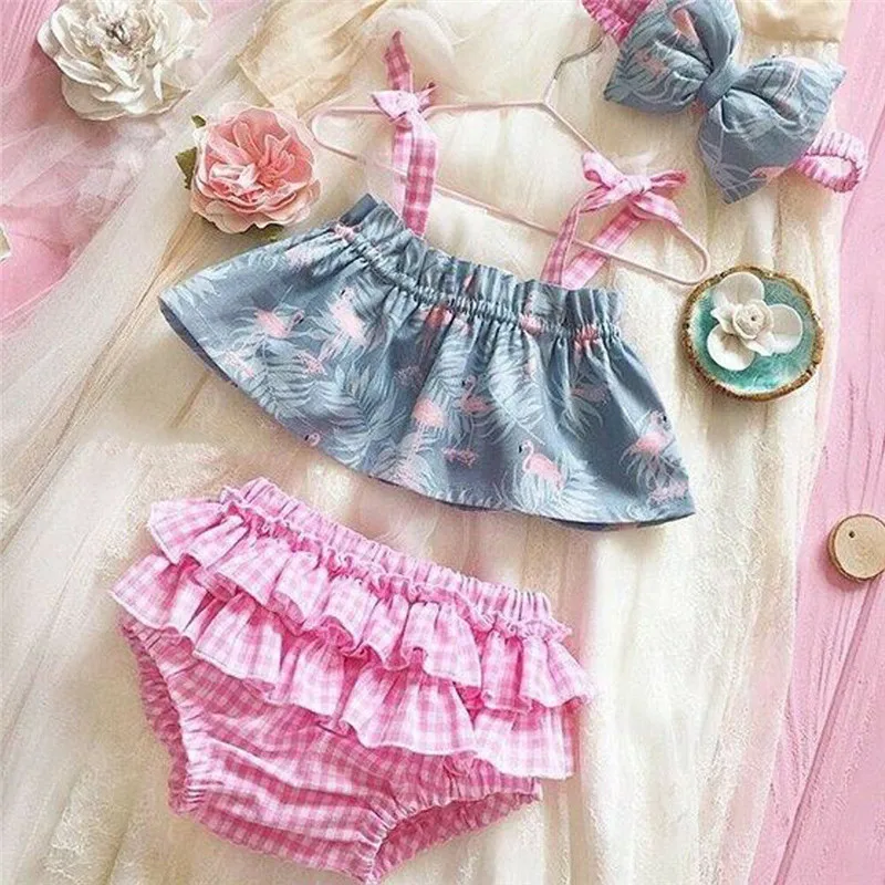 

PUDCOCO Hot Toddler Baby Girls Flamingo Crop Tops Ruffle Plaids Shorts Headband Outfits Summer Clothes 3PCS