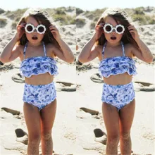 Детский костюм для плавания бикинидля девочек, танкини, купальник, костюм, синяя печатная подвеска, пляжная одежда с изображением лотоса