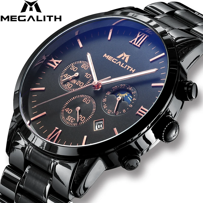 

MEGALITH Fashion Casual Watches With Chronograph Date Calendar Waterproof Black Stainless Steel Sport Military Wristwatch Mens