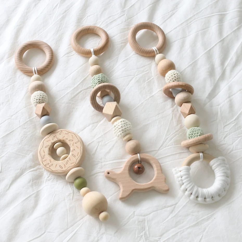 3Pc/Set Sensory Baby Teether Wooden Ring Crochet Beads Wooden Teething Toys Cartoon Silicone Teether Baby Rattles Crib Mobiles