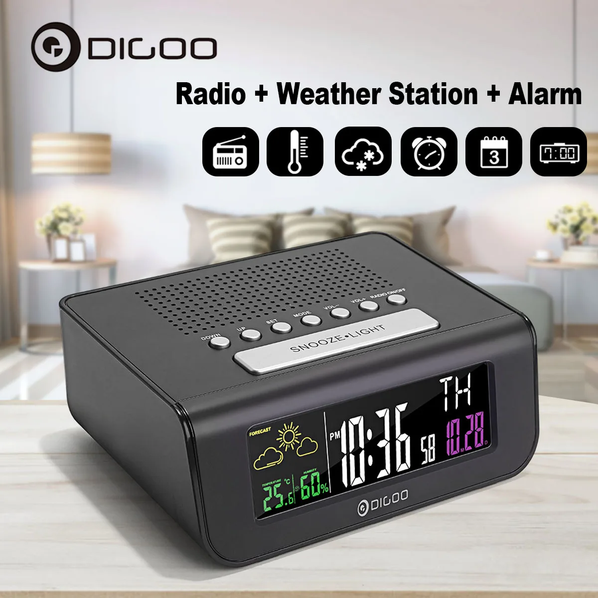 Baratos Digoo DG FR100 inalámbrico FM Radio reloj despertador doble alarma del clima predicción calendario temperatura humedad