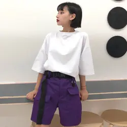 Qlychee женский накладной карман шорты для женщин фиолетовый Эластичный Высокая талия Harajuku поясом длиной выше колена 2019 одноцветное цвет