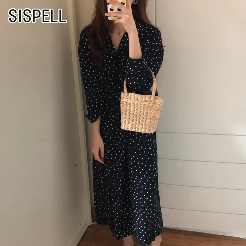 SISPELL весеннее винтажное платье в горошек для женщин v образный вырез длинный