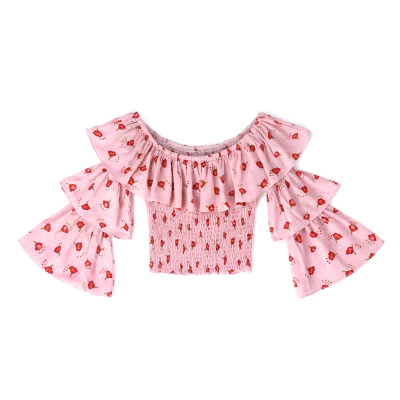 

2019 Spring New Women Cute Shirt Slash Neck Off Shoulder Floral Printing Ruffles Flare Sleeve Sweet Crop Top Women Tops Blusa