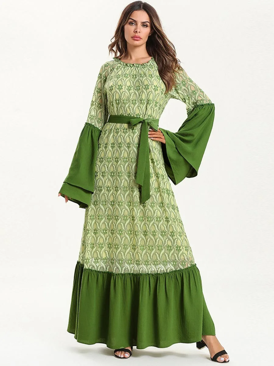 Элегантное мусульманское кружевное платье abaya с расклешенными рукавами летучая