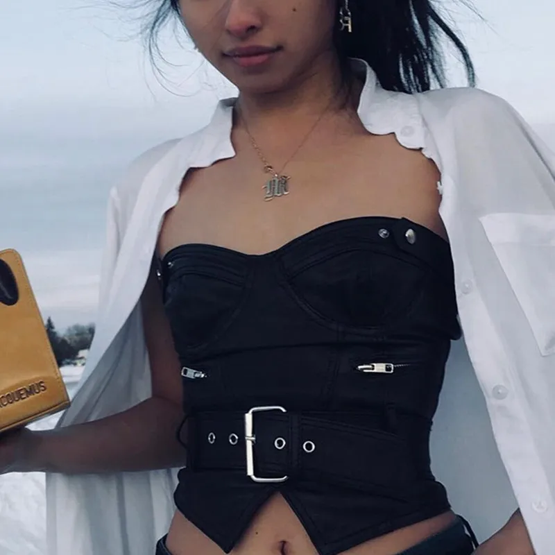 

2018 PU WrapChest Tops Sexy Woman Slim Short Metal Tank Tops