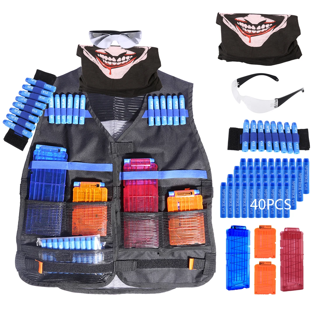 

Kids Soft Bullet Tactical Items Kits for Nerf N-strike Elite Series 40 Refill Bullets Reload Clip Face Cover Goggles Wristband