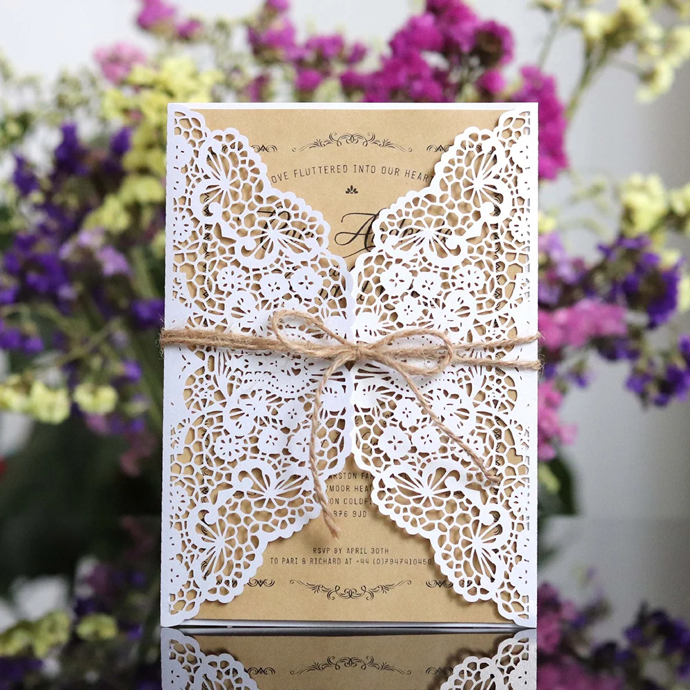  10Pcs Laser Cut West Wedding Invitations Cards hollowed-out Lace Greeting Card With Ribbon Free Env - 33008903327