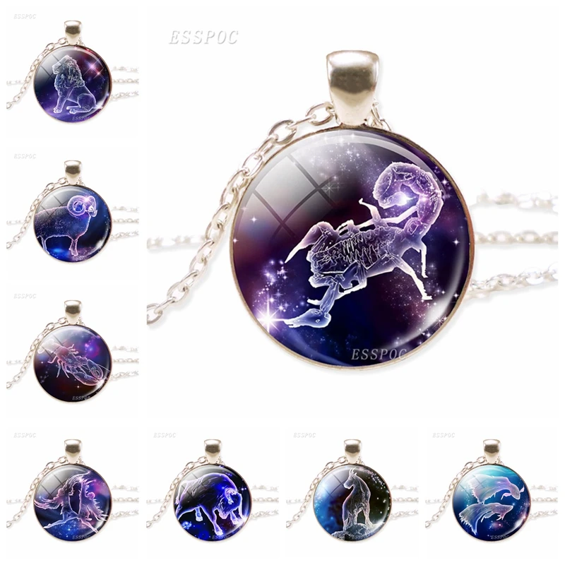 

Galaxy Nebula 12 Constellation Scorpio Sagittarius Capricorn Aquarius Pendant Silver Color Necklace Glass Dome Zodiac Jewelry