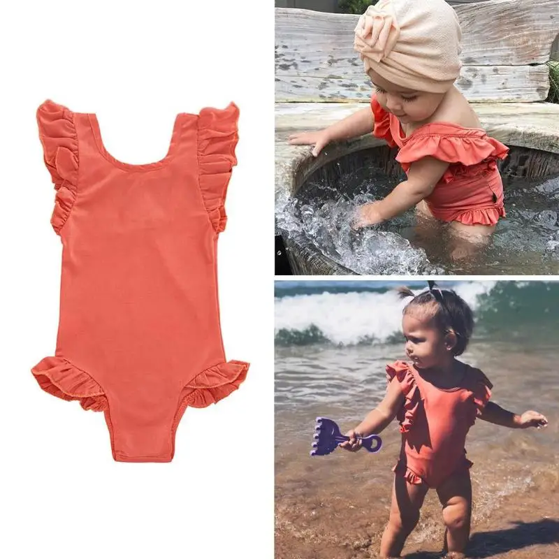 

Baby Girls One-piece Swimsuits Solid Color Rompers Ruffle Sleeve Swimwear Soft Children Beach Costume Swimming Bikini