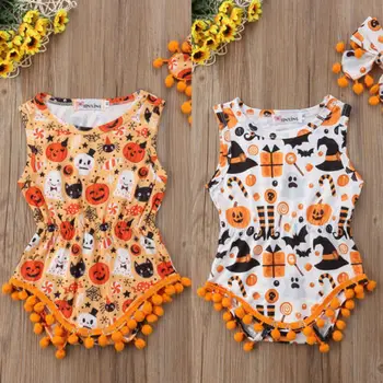 

2019 Brand New Summer Lovely Infant Baby Girl Boy Romper 2PCS Set Sleeveless Halloween Pumpkin Tassel Jumpsuits Romper+Headband