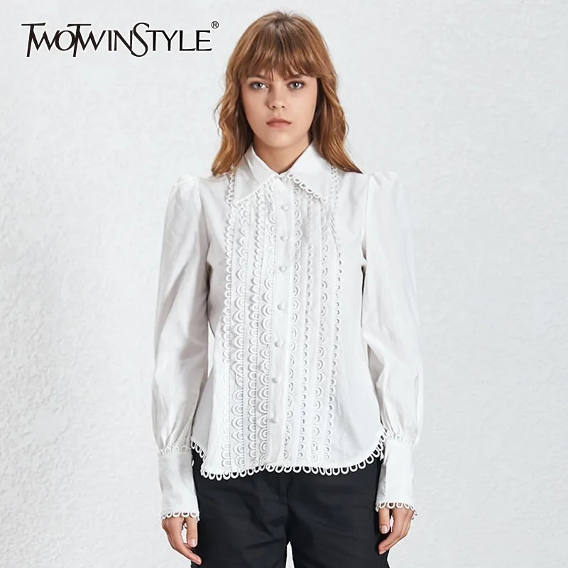 

TWOTWINSTYLE Elegant Lace Patchwork White Blouse For Women Lapel Long Sleeve Loose Shirt Female Summer 2019 Fashion Clothes New
