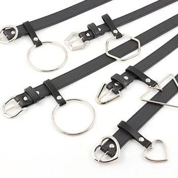 

Fashion Women's Leather Punk Waist Belts Harajuku Luxury Brand Black Narrow Belt With Round Square Heart Metal Buckle Jeans Ring