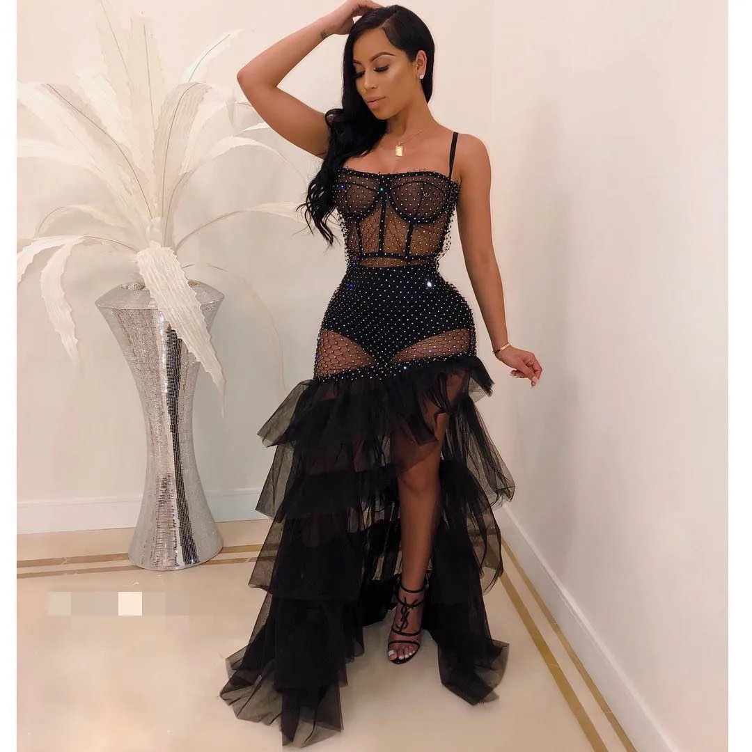 

New Style Fashion Women Sexy Sling Transparent Sequin Long Chiffon Dress Hem Pettiskirt Nightclub Dress Large Size