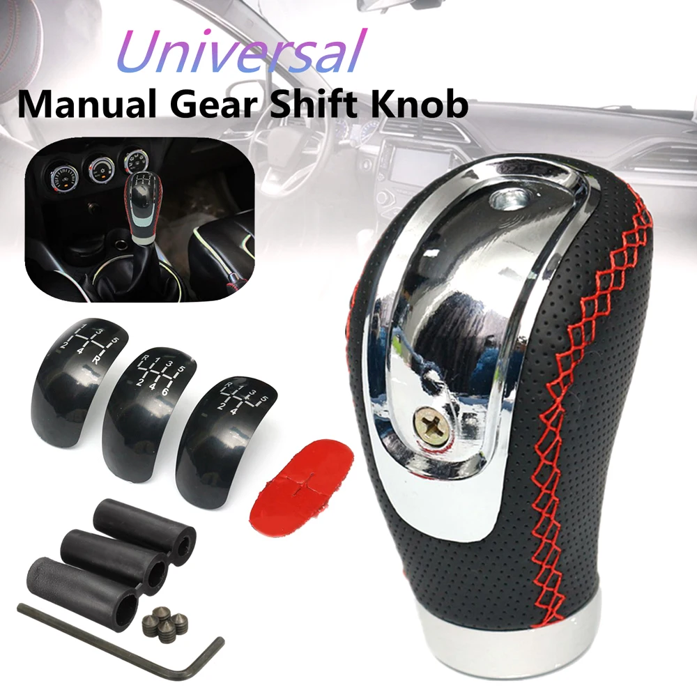 

5 6 Speed Black PU Leather Manual Car Gear Shift Knob Shifter Lever Handle Stick Universal with 3 Caps for all car