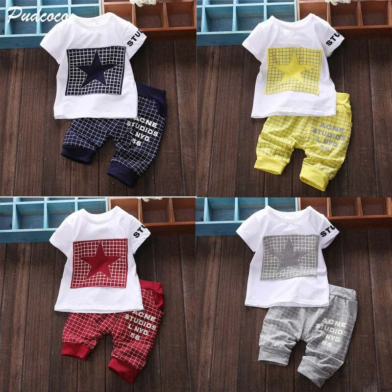 

2019 Hot Sale Baby Boy Clothes Brand Summer Clothing Sets T-shirt+Pants Suit Star Printed Plaid Fashion 2Pcs Newborn Sport Suits