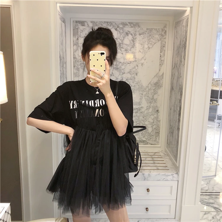 

Korean version Women's Clothing fashion brand New summer trend loose letter print tops patchwock mesh temperament Thin dresses