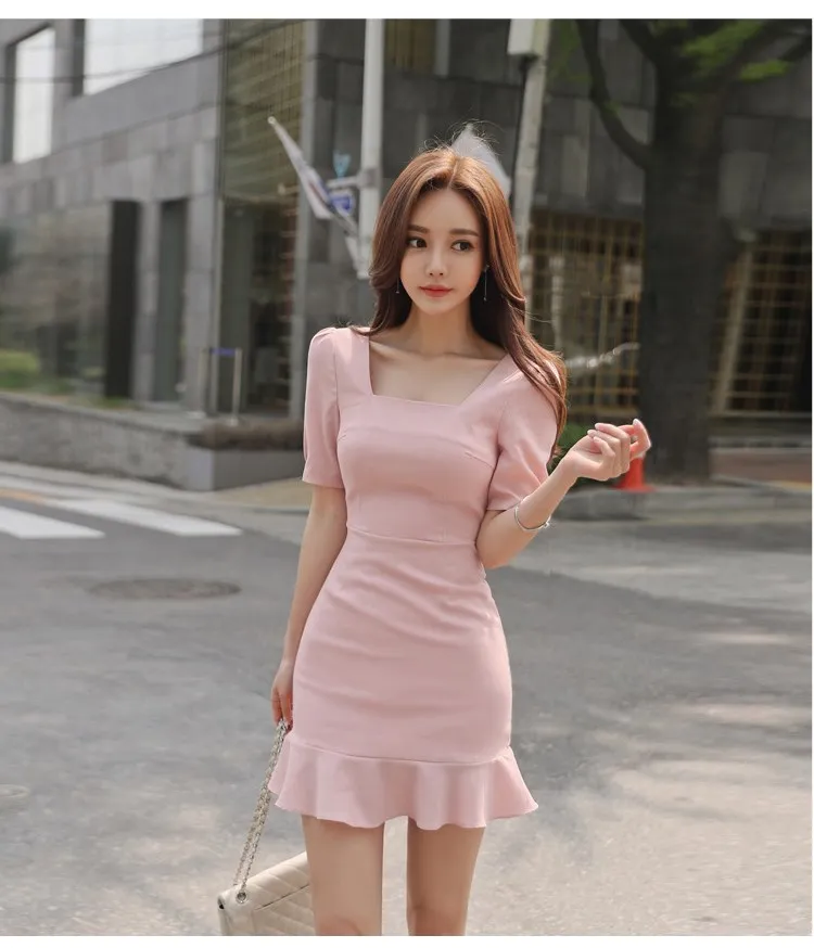 

2019 Summer Women Sexy Puff Sleeve Mini Dress Fashion Square Collar Ruffles Party Dress Sheath Pink Fishtail Bodycon Dress