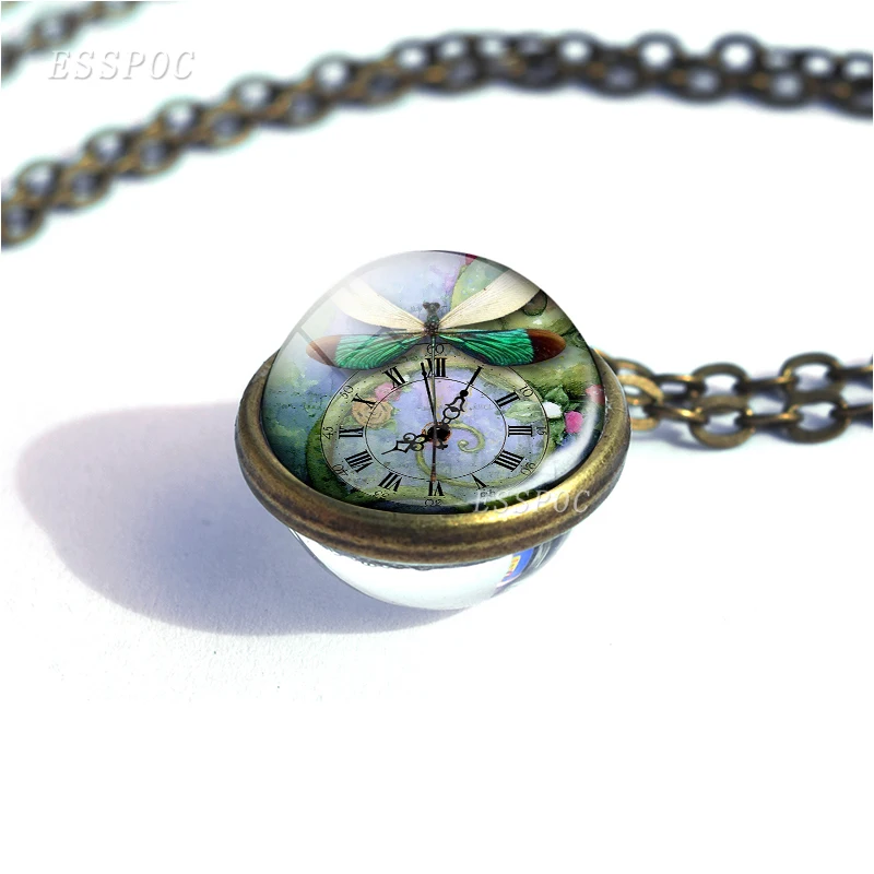 

Steampunk Dragonfly Clock Art Photo Glass Dome Necklace Handmade Double Side Pendant Retro Bronze Chain Necklace