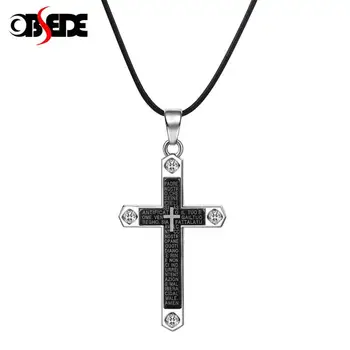 

OBSEDE Stainless Steel Cross CZ Crystal Pendant Necklace For Men Women Black Leather Cord Male Jewelry Accessory Christmas Gift