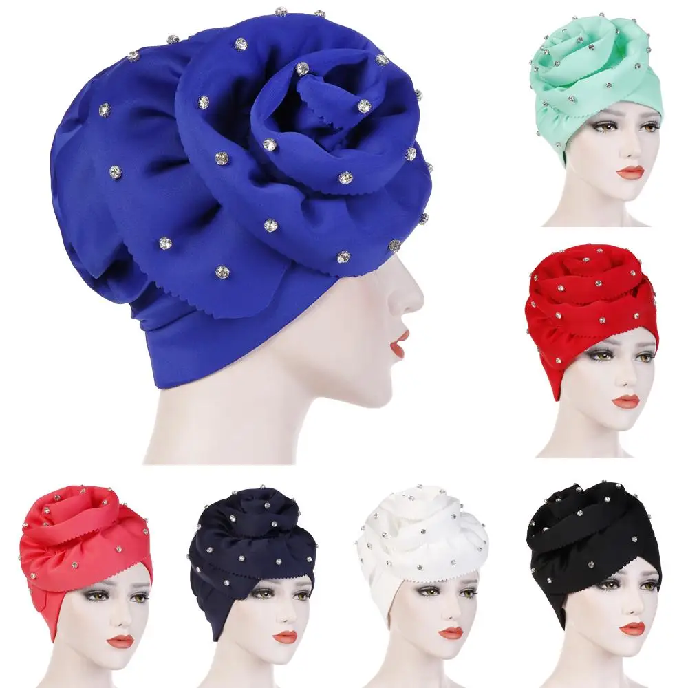 

Women Rhinestone Big Flower Cotton Chemo Cap Turban Hats Muslim Head Scarf Wrap Islamic Bonnet Beanie Skullies Hair Loss Fashion