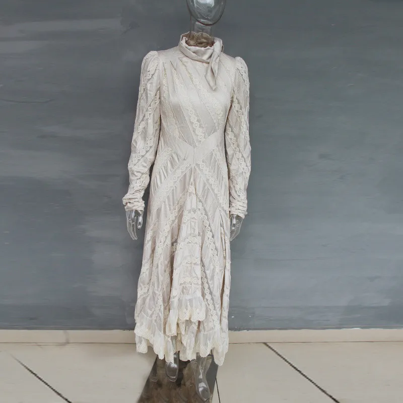 Высокое качество Роскошный бренд подиум дизайнерское весеннее женское Макси платье с бантом Воротник с пышными рукавами открытое кружевное платье длинная одежда